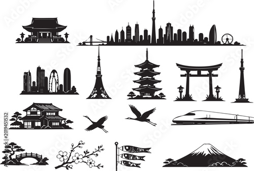 Fotografie Japanese Landmarks and Cultural Symbols Silhouette Set - Featuring Mount Fuji, T