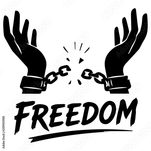 Tableau sur toile Broken Shackles Freedom Silhouette Vector with Reaching Hands and Brush Typograp