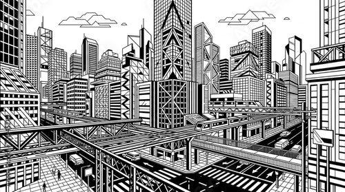 Konstfotografi Futuristic Cityscape Illustration with Tall Buildings and Elevated Train Tracks