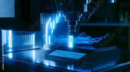 Futuristic CNC milling machine emits a mesmerizing blue laser holographic display