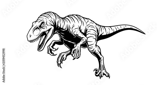 Illustration of a Velociraptor dinosaur in a dynamic pose, black and white, on white background
