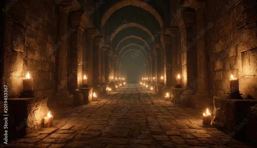 Obraz premium Dark medieval castle corridor illuminated by wall-mounted torches with stone arches and ancient brick walls