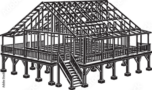 Фотография Detailed Vector Illustration of a Coastal House Frame Under Construction Featuri