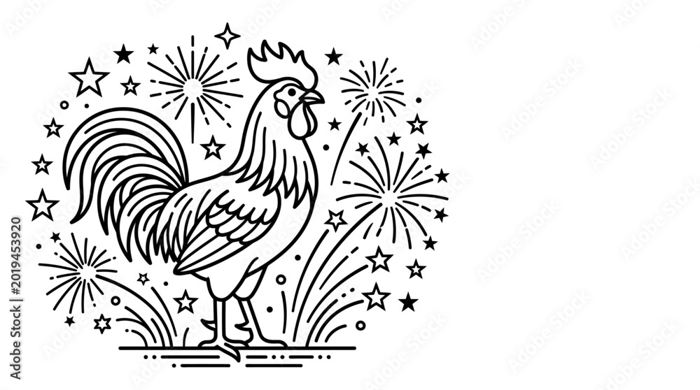Fototapeta premium Black and white line art illustration of a rooster with fireworks.