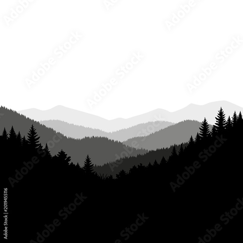 Layered monochrome mountain landscape with pine tree silhouettes