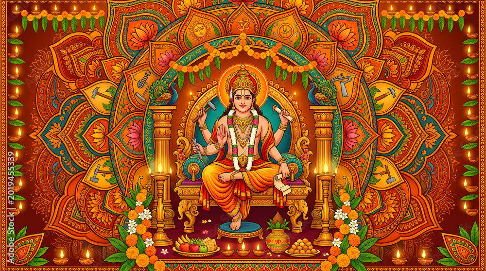 Obraz premium Hindu Goddess Lakshmi seated on a throne in a traditional setting.