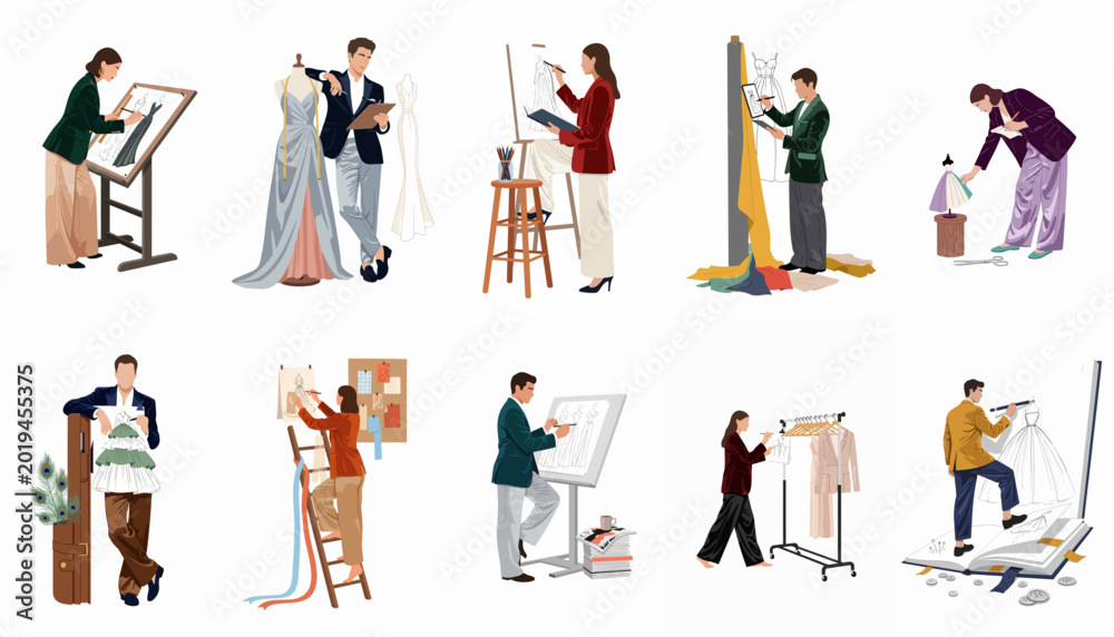 Fototapeta premium Set of flat vector illustrations of fashion designers sketching, draping fabric, and creating garments in their studio environment.