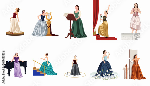 Obraz na plátně Set of ten vector illustrations featuring elegant female opera singers in dramatic poses, wearing historical gowns and performing with various musical instruments and stage props