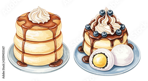 Fluffy Japanese souffle pancakes with chocolate syrup and mochi