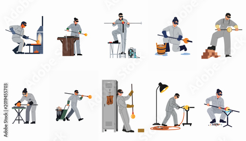 Foto Vector illustration set showing professional glassblowers in a workshop environment, demonstrating various stages of the glassmaking process from heating to shaping