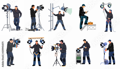 Photos Collection of professional lighting technicians and stage crew workers setting up studio lights and equipment for film, television, and live events