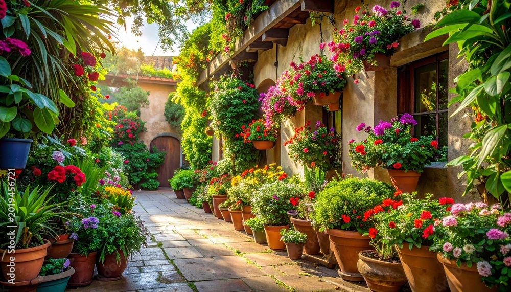 Fototapeta premium A beautiful stone courtyard filled with vibrant blooming potted flowers and lush green plants on a warm sunny day in a rustic garden setting.