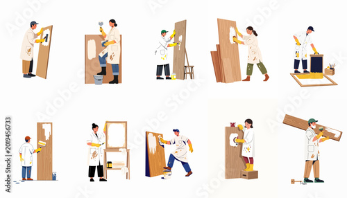 Photos Collection of diverse people in workwear painting, sanding, and refinishing wooden boards and furniture in a flat vector illustration style