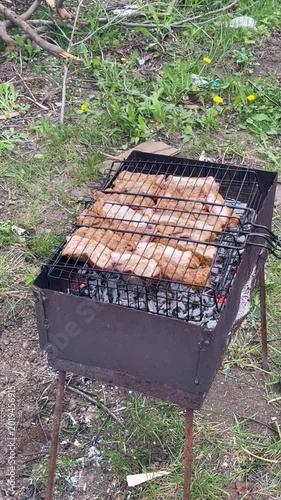 Juicy meat steaks grilling in a wire grate over hot charcoal on an outdoor barbecue.