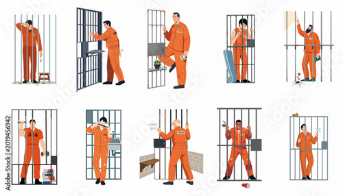 Obraz na płótnie A collection of diverse male prisoners in orange jumpsuits behind bars, showing various daily activities and emotional states in flat vector illustration style