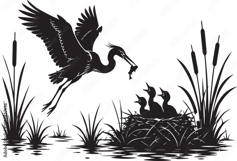 Fototapeta premium Majestic Heron Silhouette Landing at Marsh Nest to Feed Hungry Chicks with Fish, Detailed Wildlife Vector Illustration for Nature Lovers, Wetlands Scene with Reeds and Cattails.