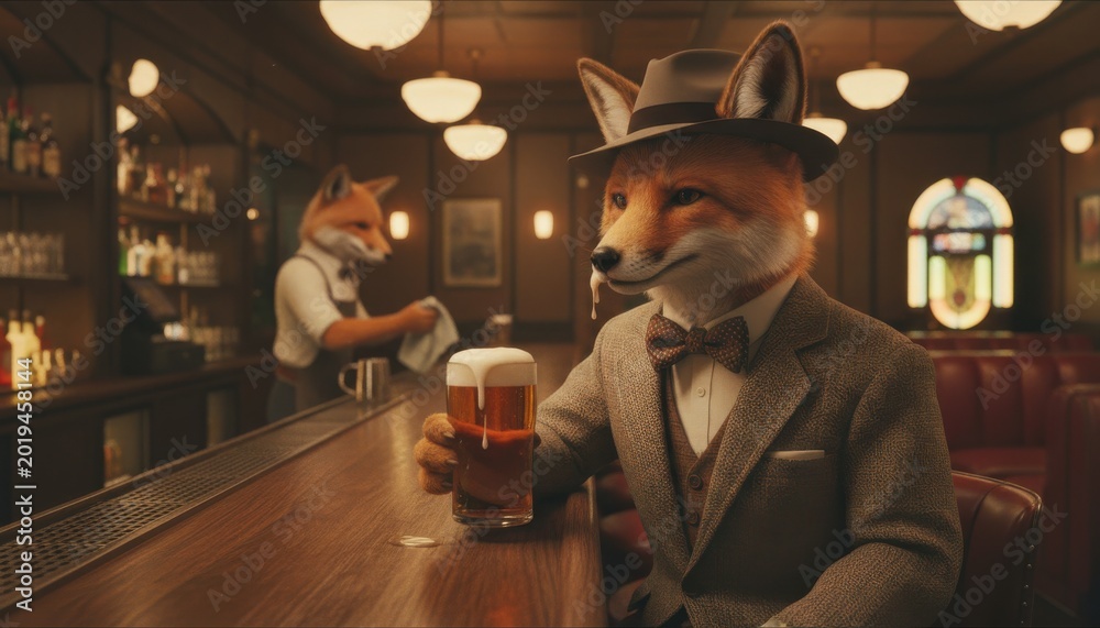 Fototapeta premium Fashionable fox enjoys a cold beer in a retro bar setting with whimsical charm