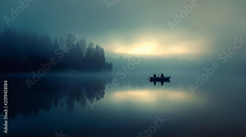 trimaran. A small boat silhouette on a misty lake at dawn with soft light and calm water. travel magazines, destination branding, designed for travel destination branding, inspires travel planning.