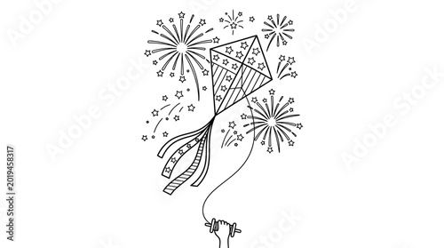 Tableau sur toile Hand holding a star patterned kite surrounded by fireworks sketch