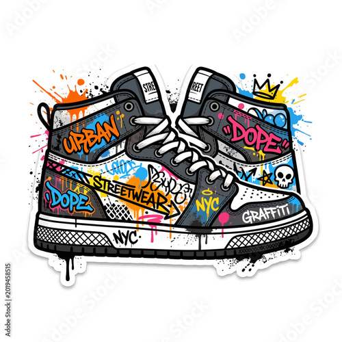 Urban street art sneaker illustration with graffiti design and vibrant paint splatters