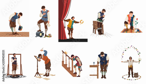 Slika na platnu Set of illustrations depicting a male theater actor in various dramatic poses and historical costumes from the Renaissance or Elizabethan era