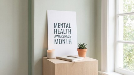 A white poster with 'MENTAL HEALTH AWARENESS MONTH' text, a small plant, and a lit candle on a wooden table in a room with a light green wall and window.