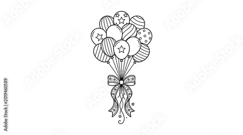Black and white line art illustration of a bunch of balloons tied with a decorative bow.