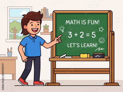 Cheerful cartoon person pointing at chalkboard, explaining idea in classroom.