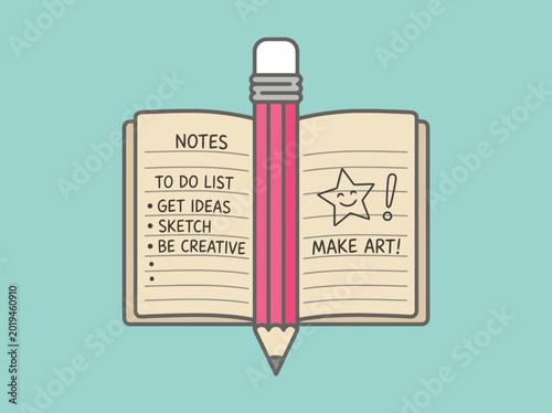 Hand-drawn notepad with creative to-do list for ideas, sketch, and art on blue background with pencil.
