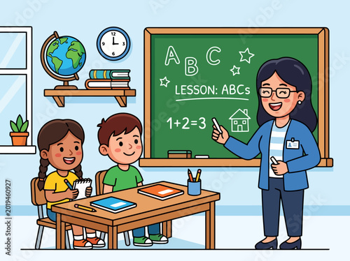 Happy children studying together at a desk in a colorful classroom