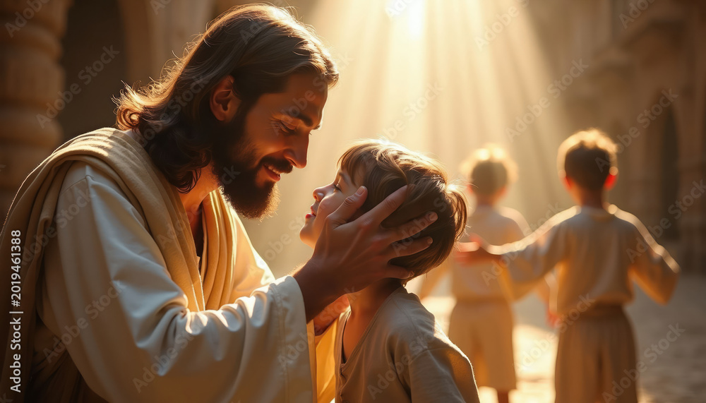 Fototapeta premium Jesus smiles gently touching boy head. Sunlight streams on child and other kids in ancient town. Divine scene shows compassion and religious faith.
