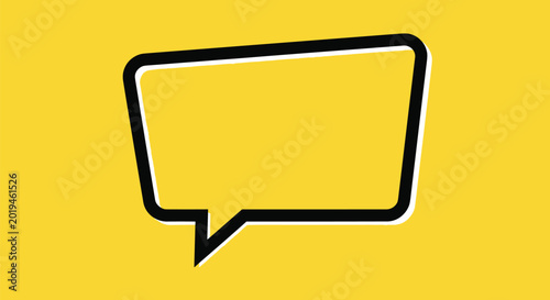 Simple black and white empty speech bubble icon with shadow effect isolated on a bright yellow background for messaging.