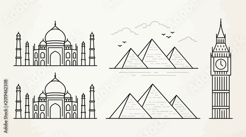 Minimalist line art showcasing iconic landmarks — Taj Mahal, Egyptian pyramids, Big Ben — unified in elegant monochrome architectural illustration style.