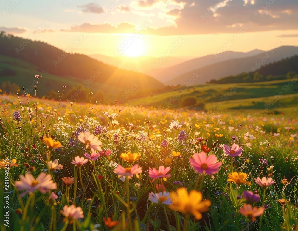 Obraz premium A vibrant wildflower meadow glows under a brilliant sunset in a serene mountainous landscape.
