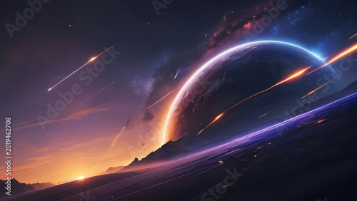 Distant planet with glowing ring and meteor shower during cosmic twilight over alien landscape
