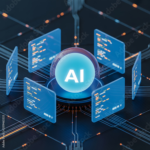 Artificial intelligence concept with glowing blue ai logo surrounded by code on screens