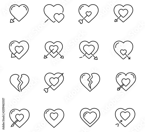 Heart icon set love romance and broken heart line art for valentine's day designs