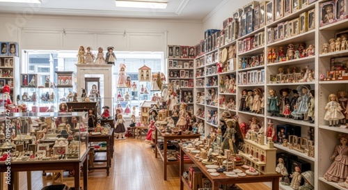 Vintage doll shop interior with antique porcelain dolls on shelves