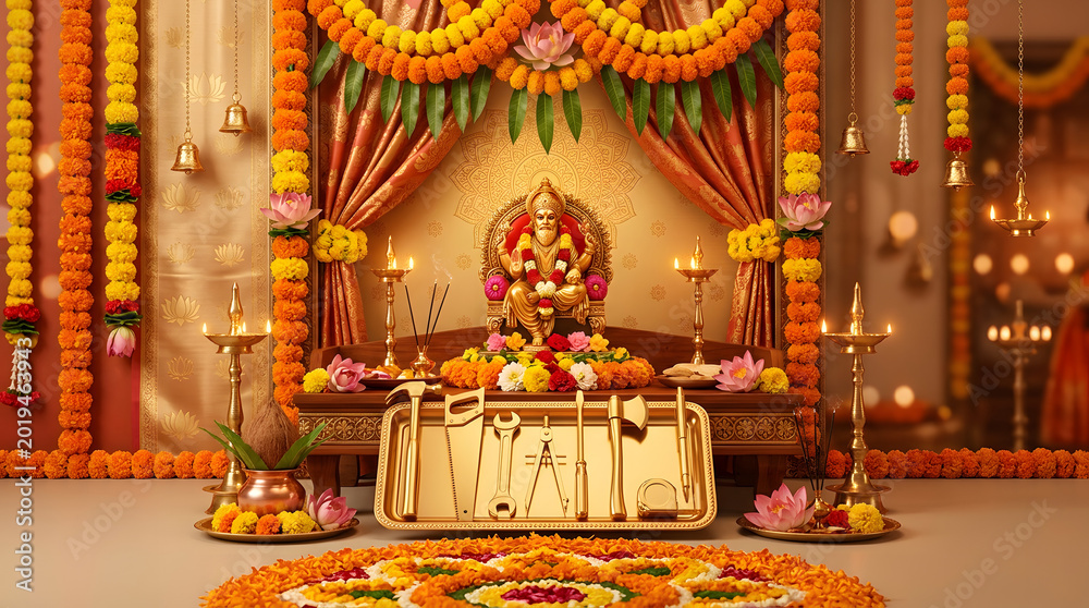 Fototapeta premium Ornate Ganesha idol adorned with vibrant marigold garlands and traditional puja items.