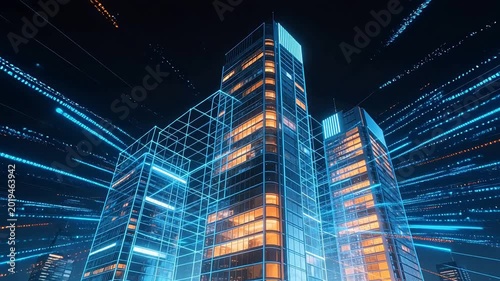 Futuristic cityscape with glowing buildings