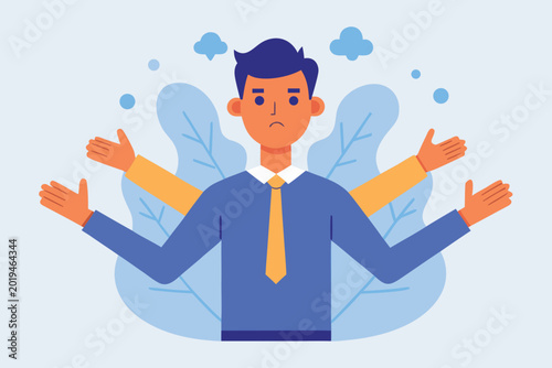 Tableau sur toile A stressed businessman with multiple arms and a worried expression stands in fro
