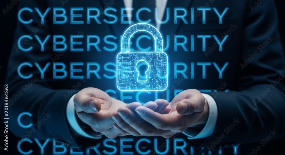 Obraz premium Biznesmen trzymający świecącą kłódkę z koncepcją cyberbezpieczeństwa