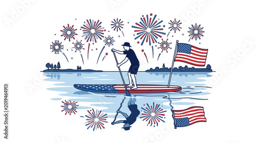 A man paddle boarding on a lake with an American flag theme.