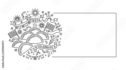 Hand drawn doodle illustration of empanadas with festive party elements and celebration banner.