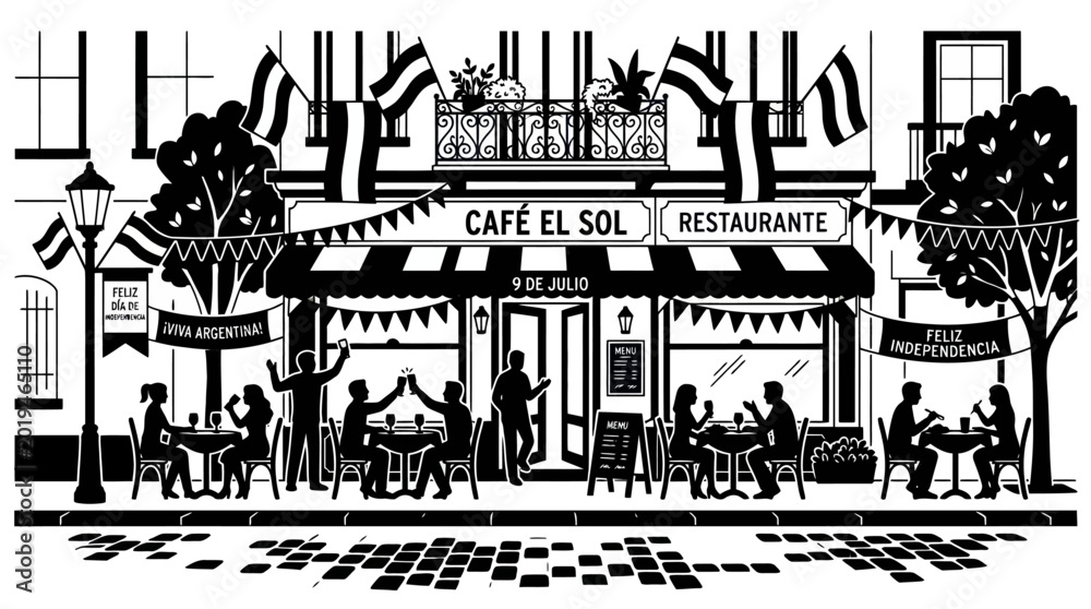 Fototapeta premium Black and white illustration of people dining at Cafe El Sol restaurant.