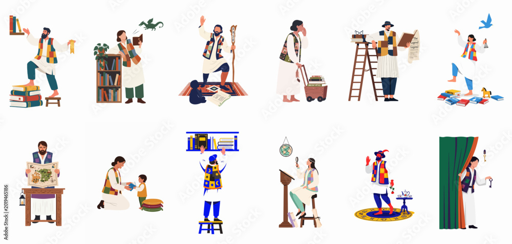 Naklejka premium Collection of various characters in traditional vests engaged in storytelling, reading magical books, exploring ancient myths, and discovering fantasy worlds through literature.