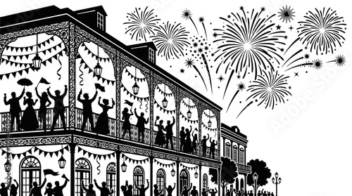 Black and white illustration of people celebrating on a balcony during a festival with fireworks.