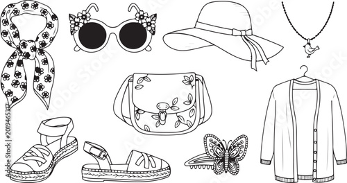 Bild auf Leinwand Collection of hand drawn fashion accessories and clothing items vector illustrat