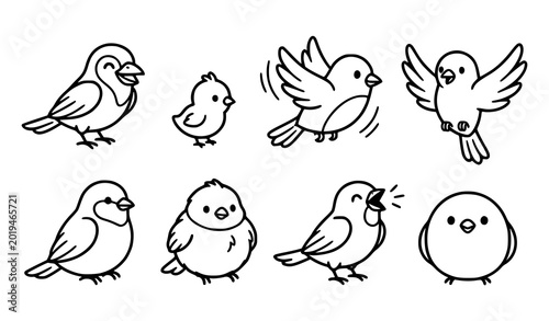 Φωτογραφία Cute sparrow bird outline vector set with cartoon flying bird characters