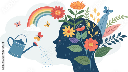 Mental wellness illustration featuring a person profile being nurtured by a watering can with vibrant flowers and a rainbow for psychological healing concepts
